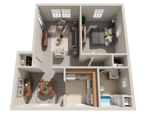 Floor plan for 1 bed, 1 bath, 787 sqft